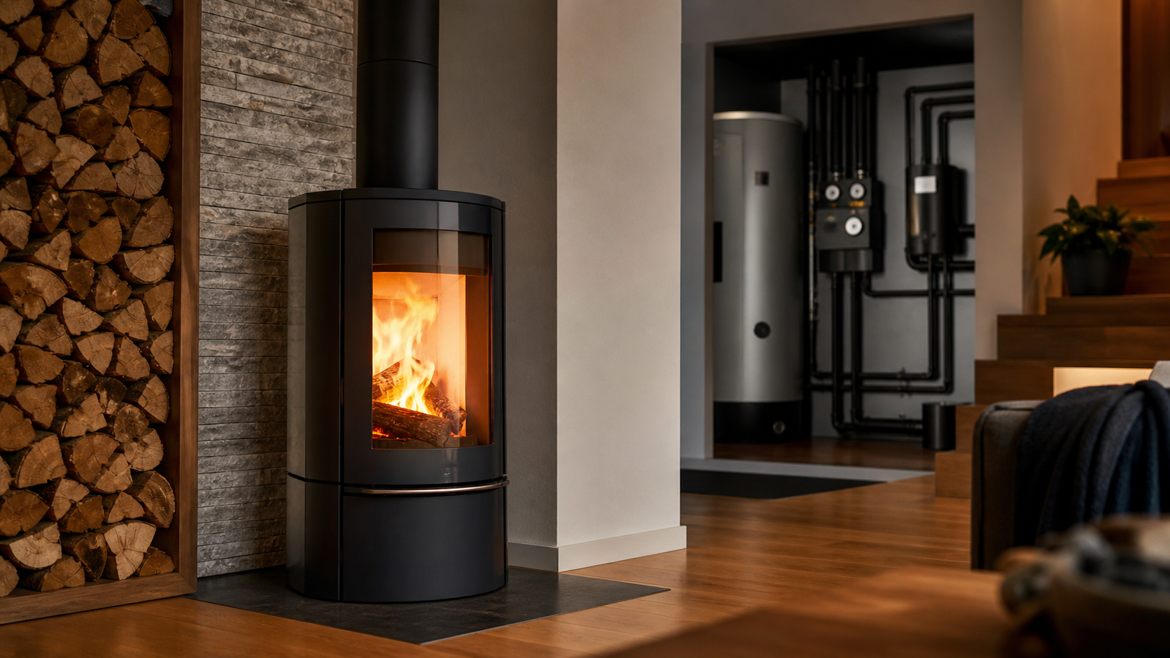 Wasserführender Kamin im modernen Wohnraum mit sichtbarer Flamme und technischer Heizungsanbindung