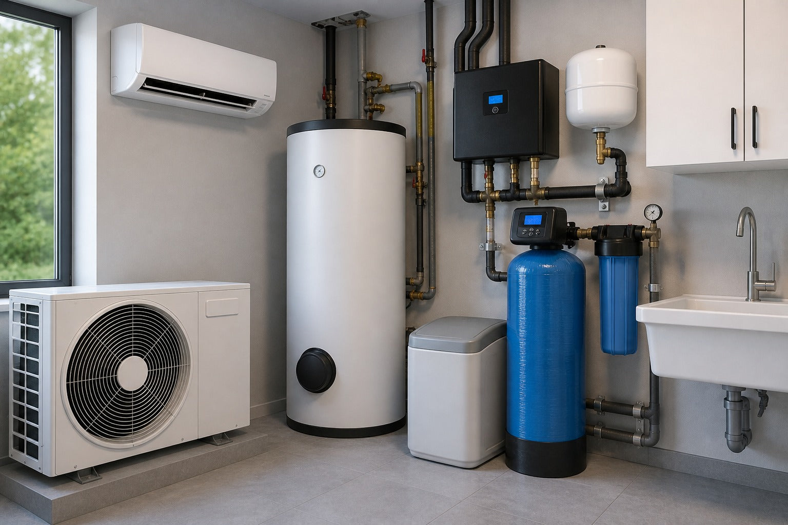 Klima- und Wassertechnik mit Klimagerät, Speicher, Filteranlage und Rohrinstallation im Technikraum