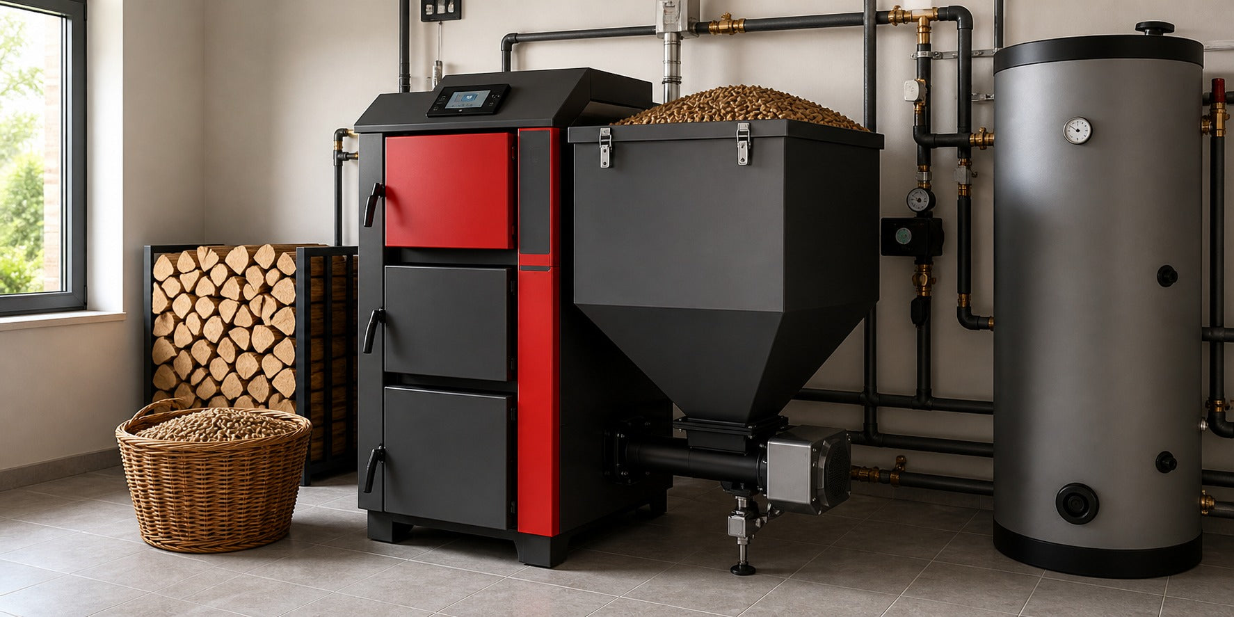 Kombikessel für Holz und Pellets im modernen Heizraum mit Pufferspeicher