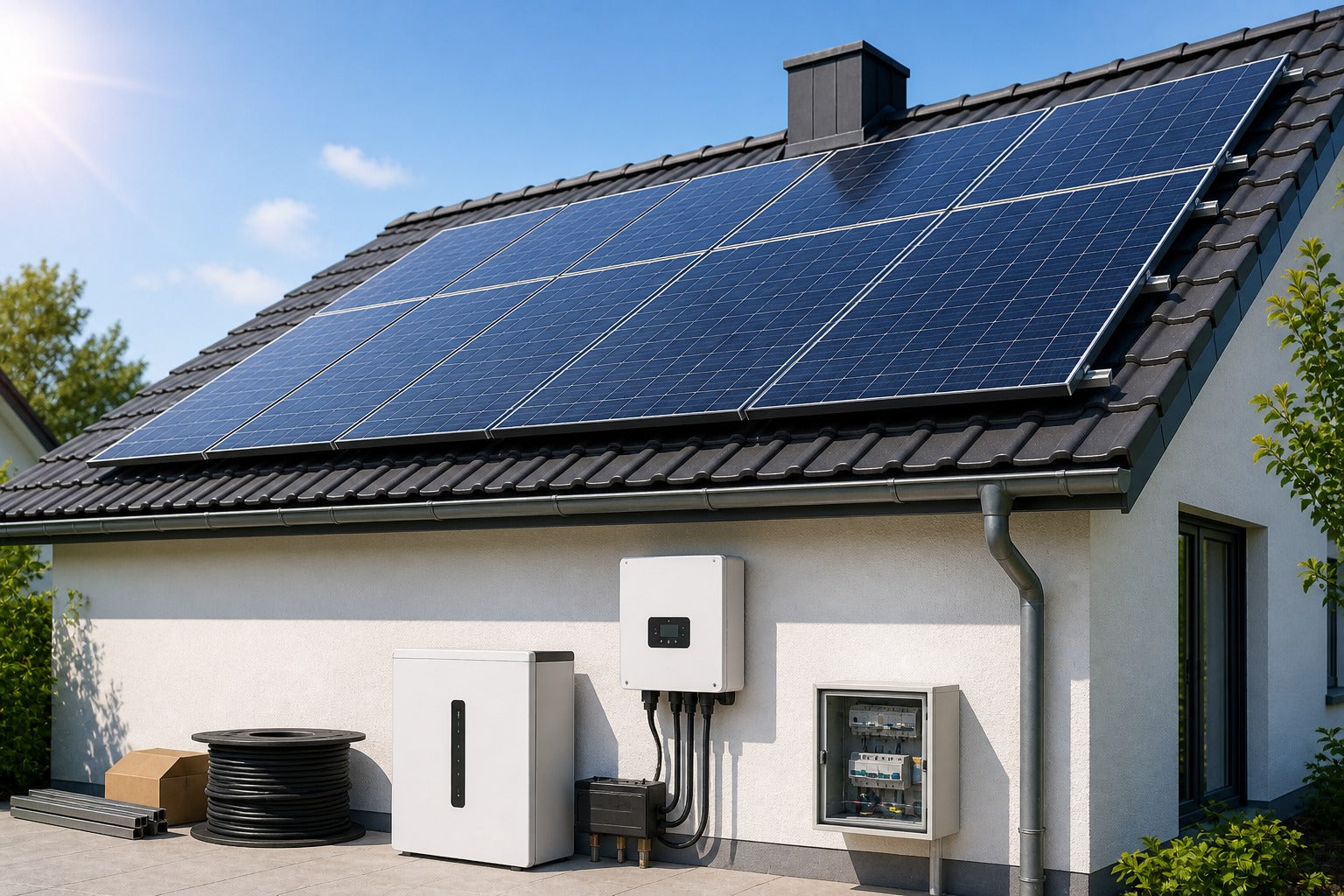 Photovoltaik Komplettpaket mit Solarmodulen, Wechselrichter und Speicher am Wohnhaus
