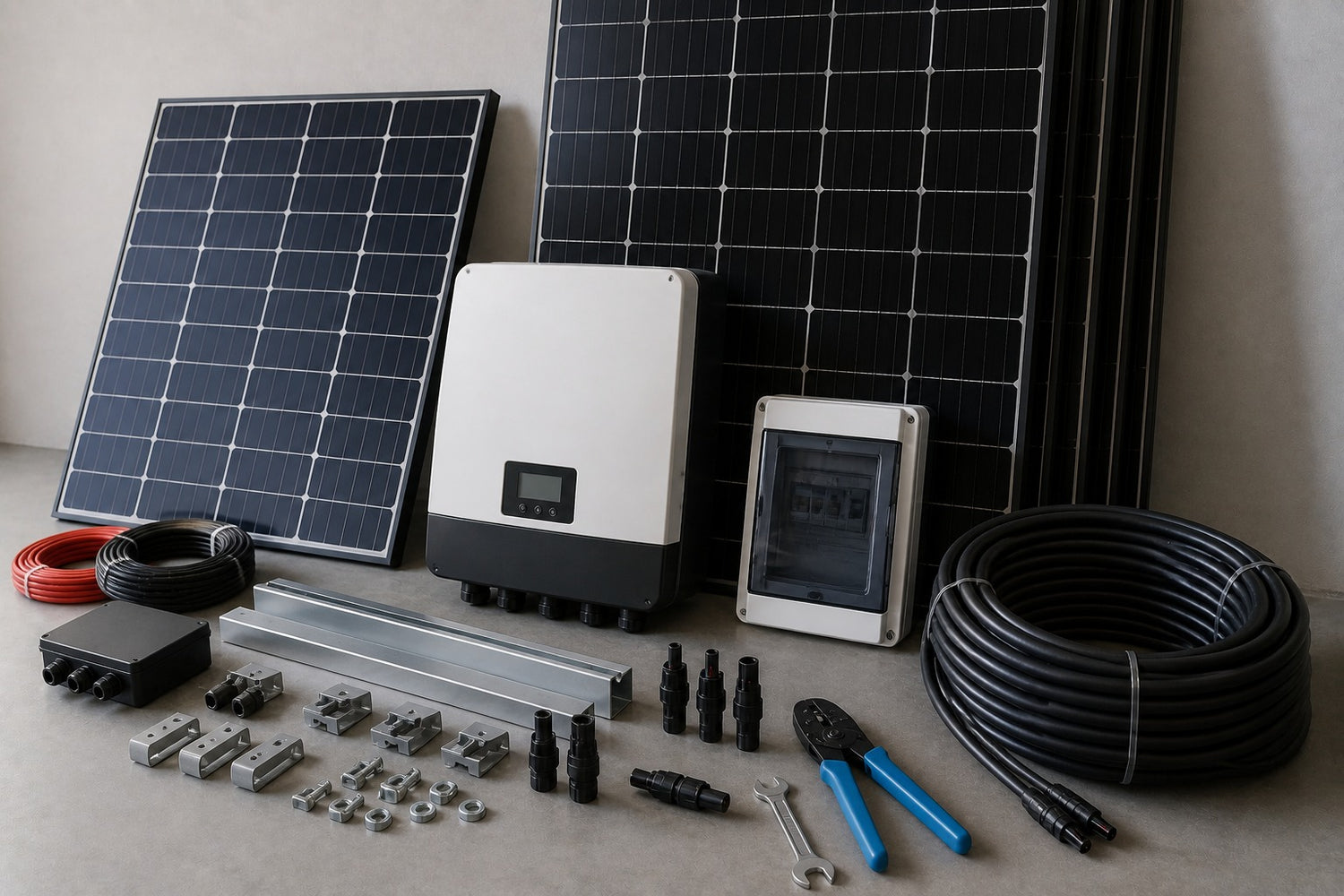 PV Module mit Wechselrichter, Kabeln und Montagematerial im modernen Technikraum