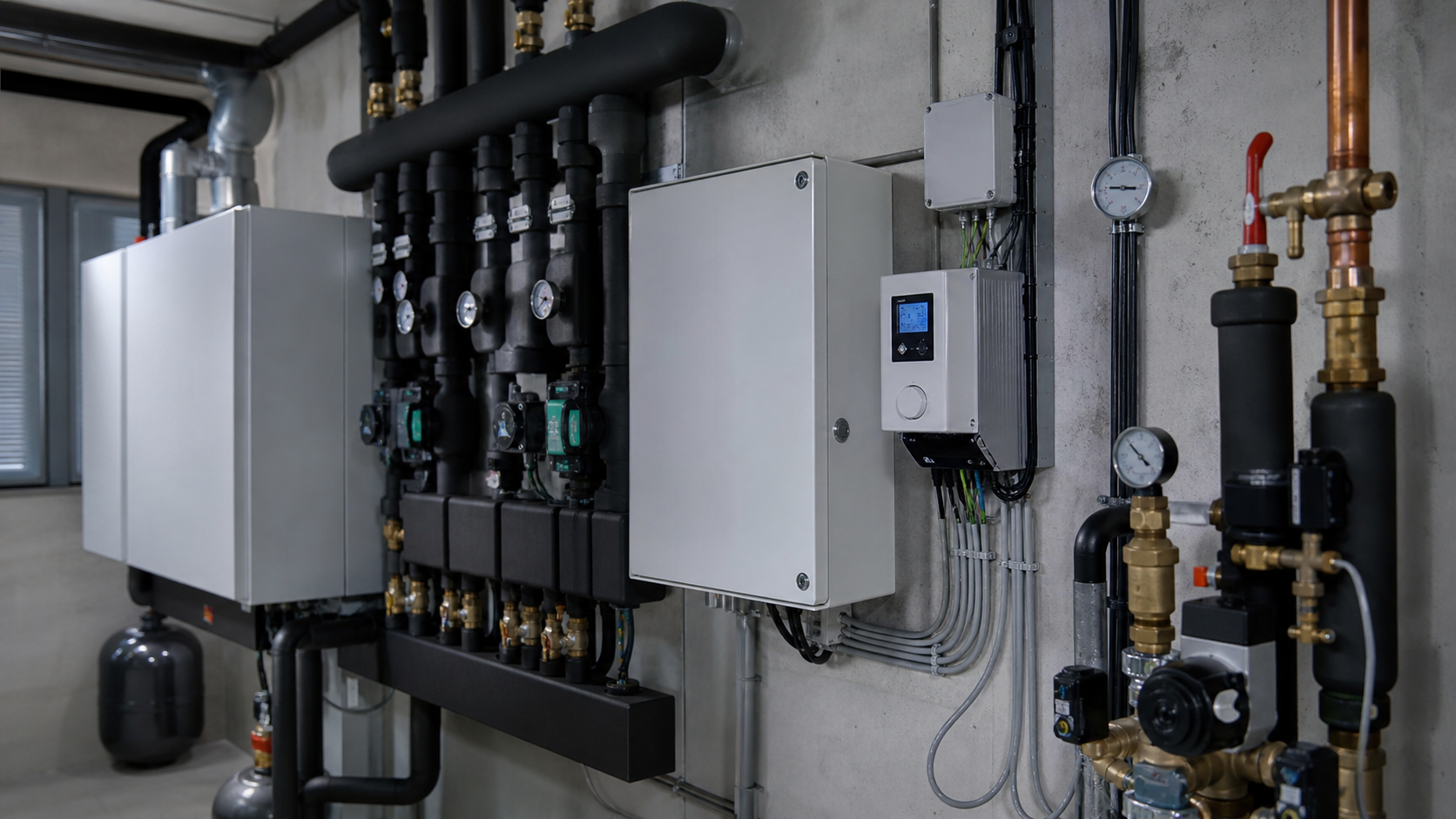Regelungstechnik im modernen Heizungsraum mit Steuerungsmodul, Sensorik und sauberer Installation