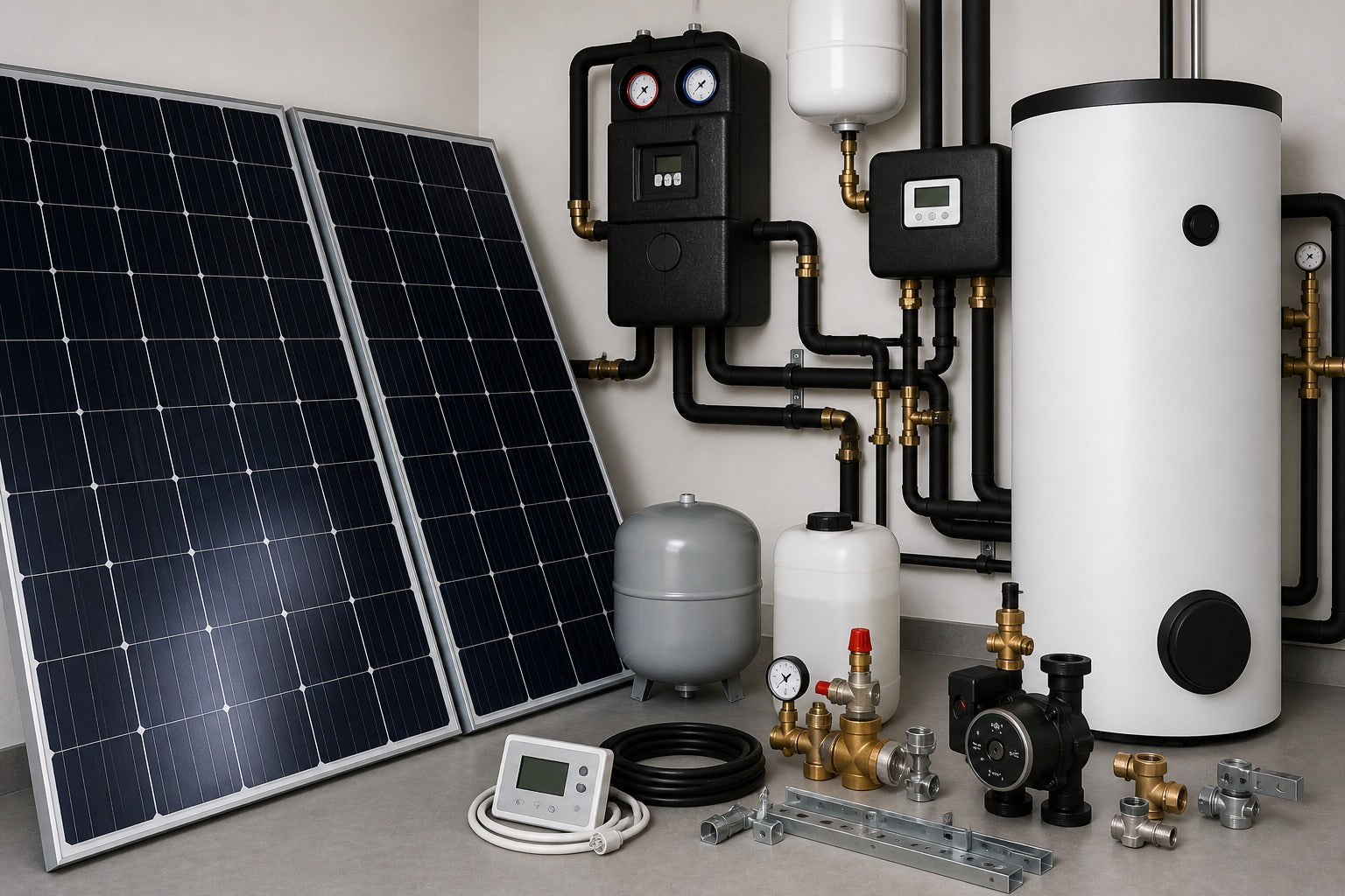 Solartechnik mit Solarmodulen, Speicher, Solarstation und Rohrinstallation im modernen Technikraum