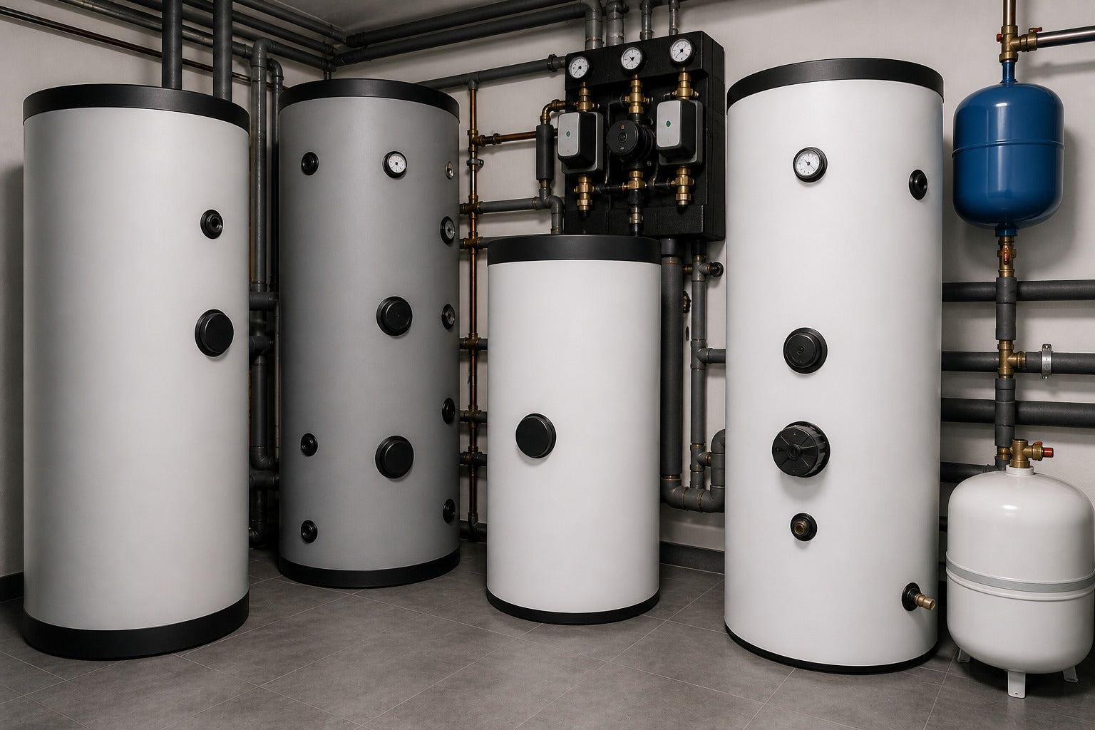 Speichertechnik mit Pufferspeichern, Warmwasserspeichern und Rohrinstallation im modernen Heizraum