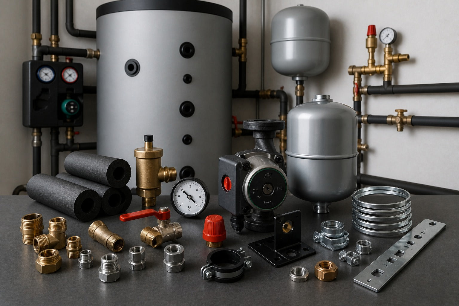 Speicherzubehör mit Armaturen, Pumpe, Ausdehnungsgefäß und Anschlussmaterial im Heizraum