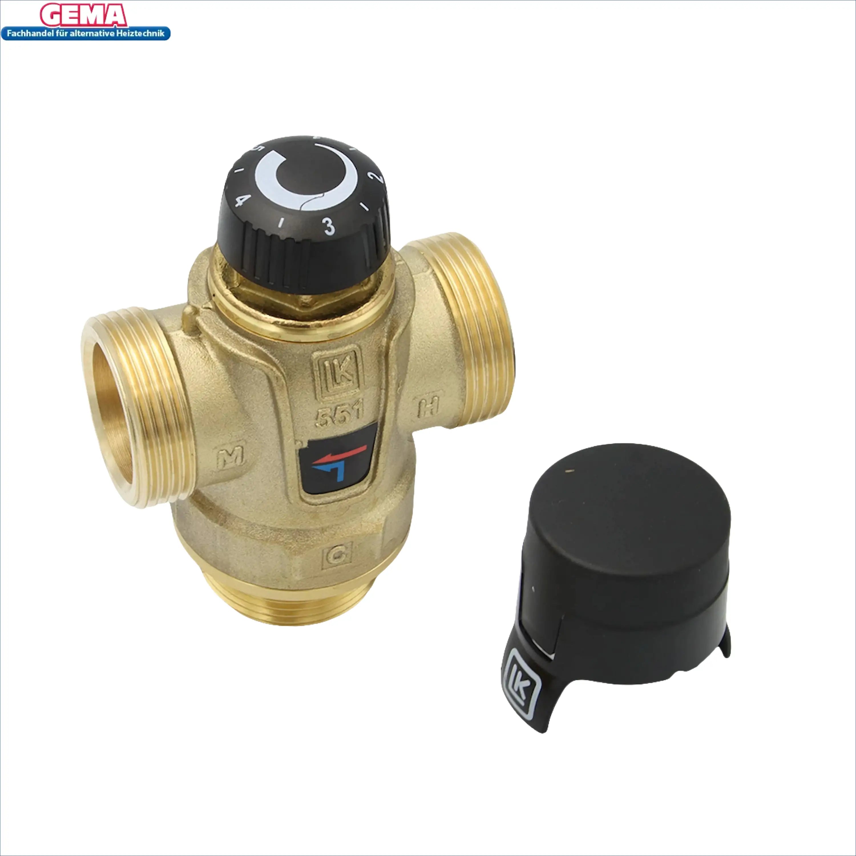 Brass thermostatic mixing valve with black adjustment knob, ideal for Kessel Speicher and Boilers